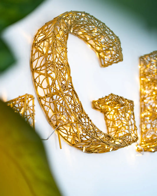 Detailaufnahme goldener 3D-Buchstaben aus Draht – leuchtende Lichtobjekte für Schriftzüge und Signage im Innen- oder Außenbereich.