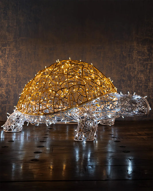 LED Turtle made of aluminum – 110 cm, gold/white, weatherproof for outdoor spaces.