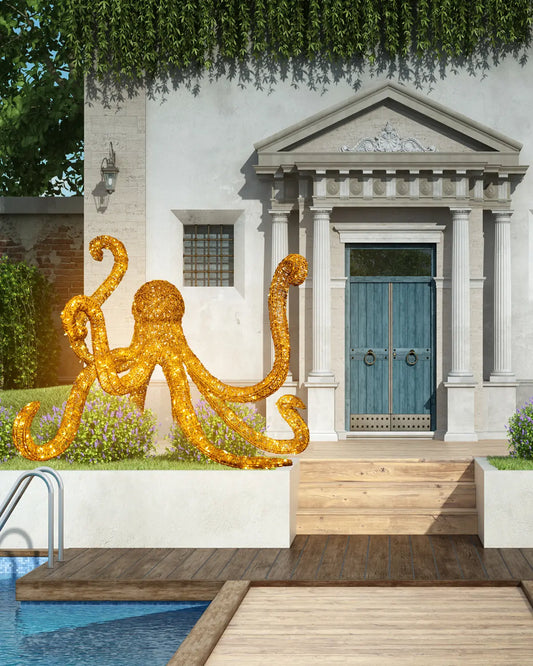 LED-Oktopus aus Aluminium – 130 cm, gold, wetterfeste Lichtfigur für außen