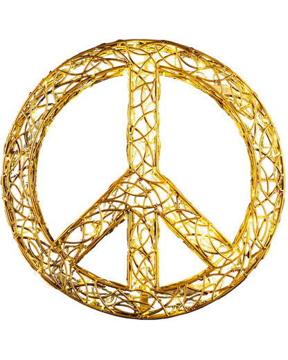 Goldenes Lichtobjekt in Form eines Peace-Zeichens – filigrane Aluminiumstruktur mit warmem Schein. / Illuminated peace symbol in gold – delicate aluminum structure with warm glow.